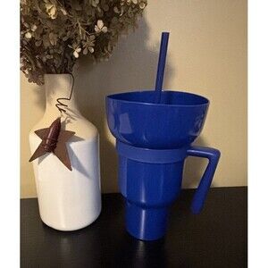 2 in 1 Portable Blue Popcorn Candy Party Holiday Drink Mix Cup w/ Handle NEW